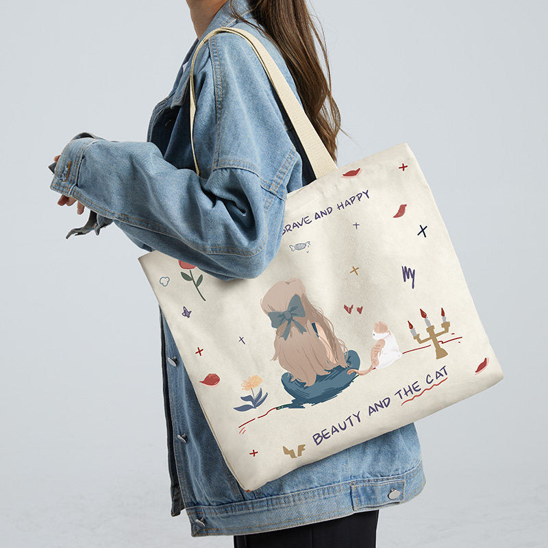Women Canvas Tote Bag with Cartoon Design