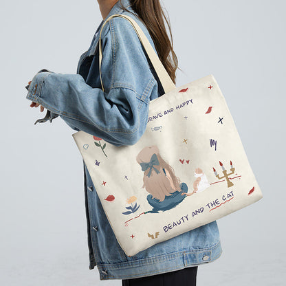 Women Canvas Tote Bag with Cartoon Design