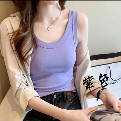 Women's Slim-Fit Threaded Cotton Vest, Summer I-Shaped Anti-Exposure Tank Top