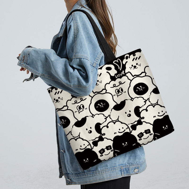 Women Canvas Tote Bag with Cartoon Design