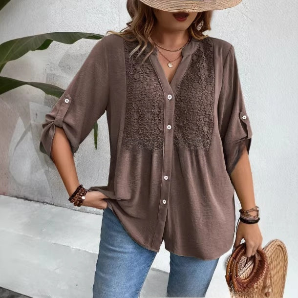 Ladies Lace V-Neck Button Front Shirt