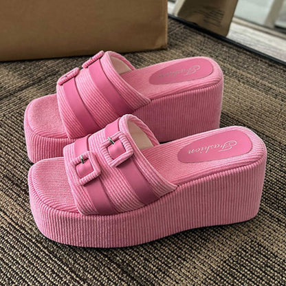 Women Square Buckle Platform Beach Slippers