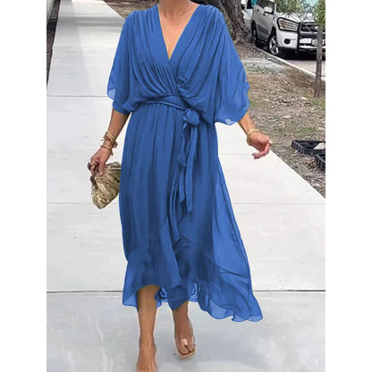 Elegant V-Neck Bat Sleeve Chiffon Dress