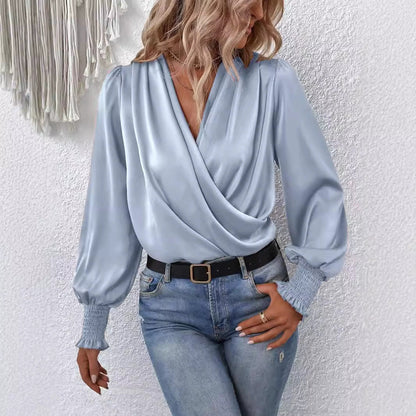 Elegant Women V-neck Lantern Sleeve Shirt