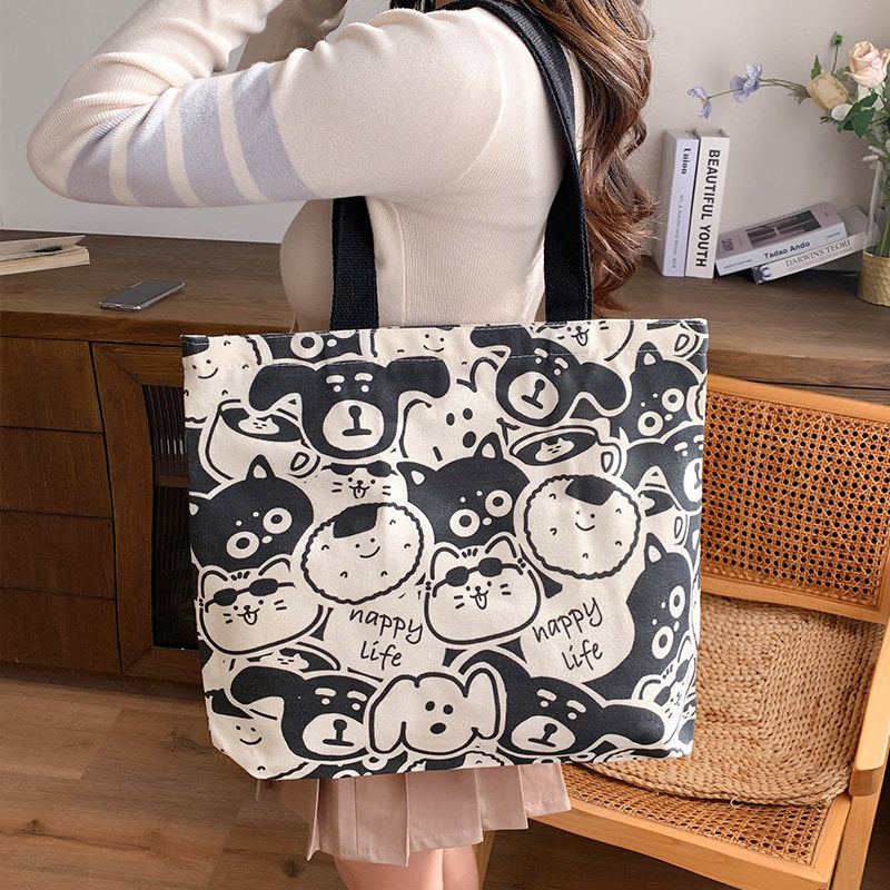 Women Canvas Tote Bag with Cartoon Design