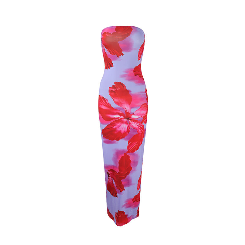 Summer Strapless Floral Print Long Dress