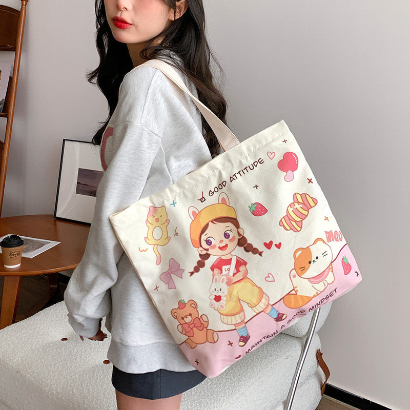 Women Canvas Tote Bag with Cartoon Design