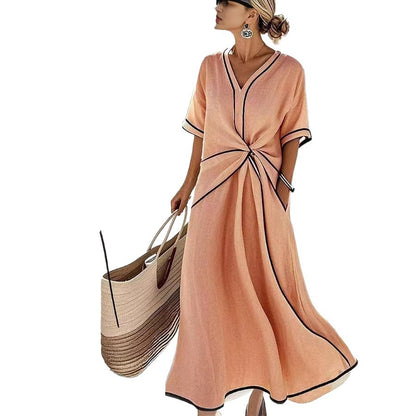 Women's Linen Blend Maxi Dress – V-Neck Twist Front Contrast Trim