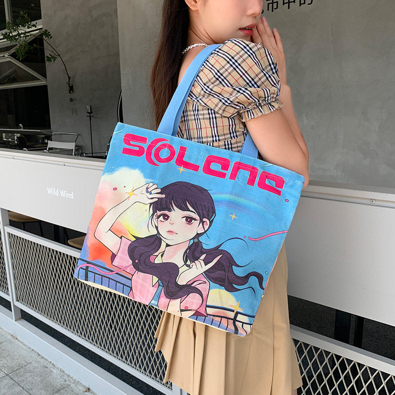 Women Canvas Tote Bag with Cartoon Design