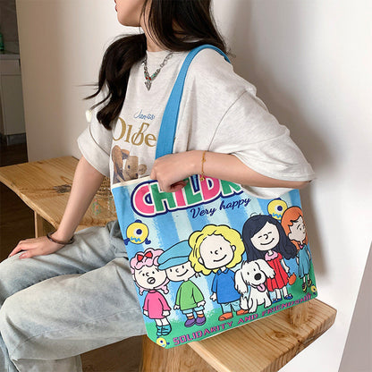 Women Canvas Tote Bag with Cartoon Design