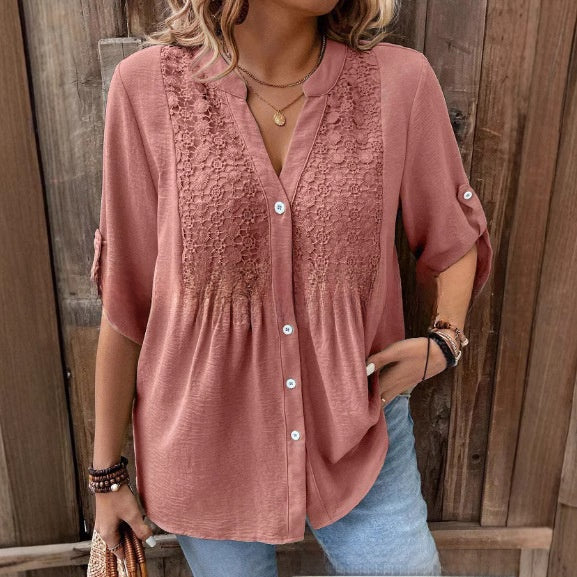 Ladies Lace V-Neck Button Front Shirt
