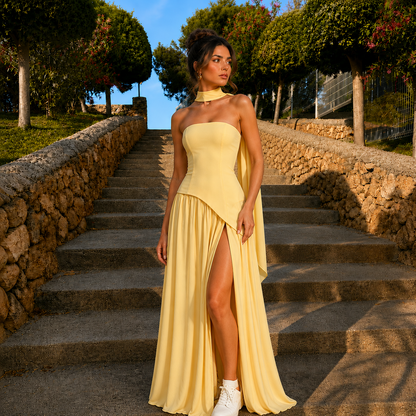 Strapless High Slit Maxi Dress Bandeau Long Dress High Waist