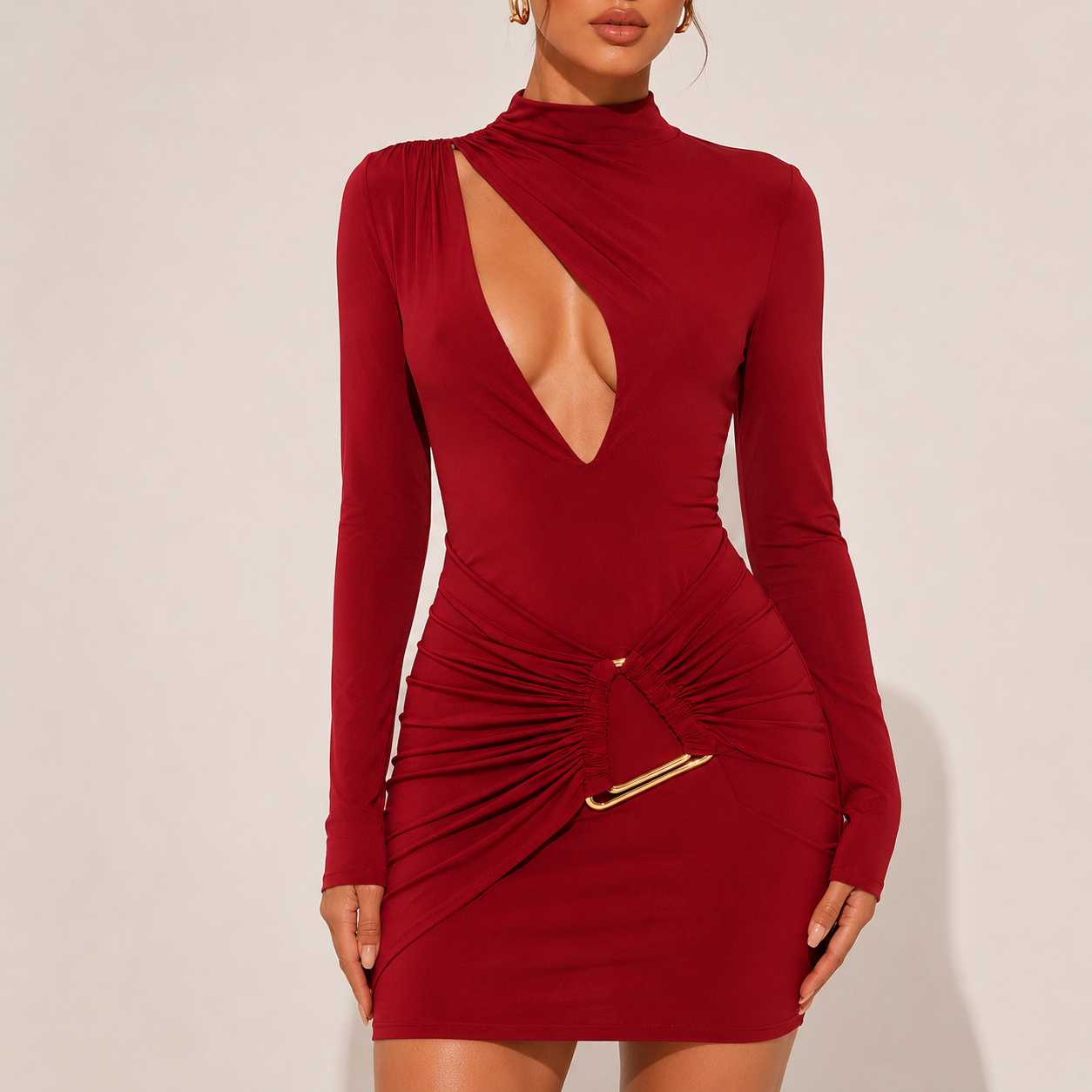 Elegant Cut Out Pleated Long Sleeve Dress