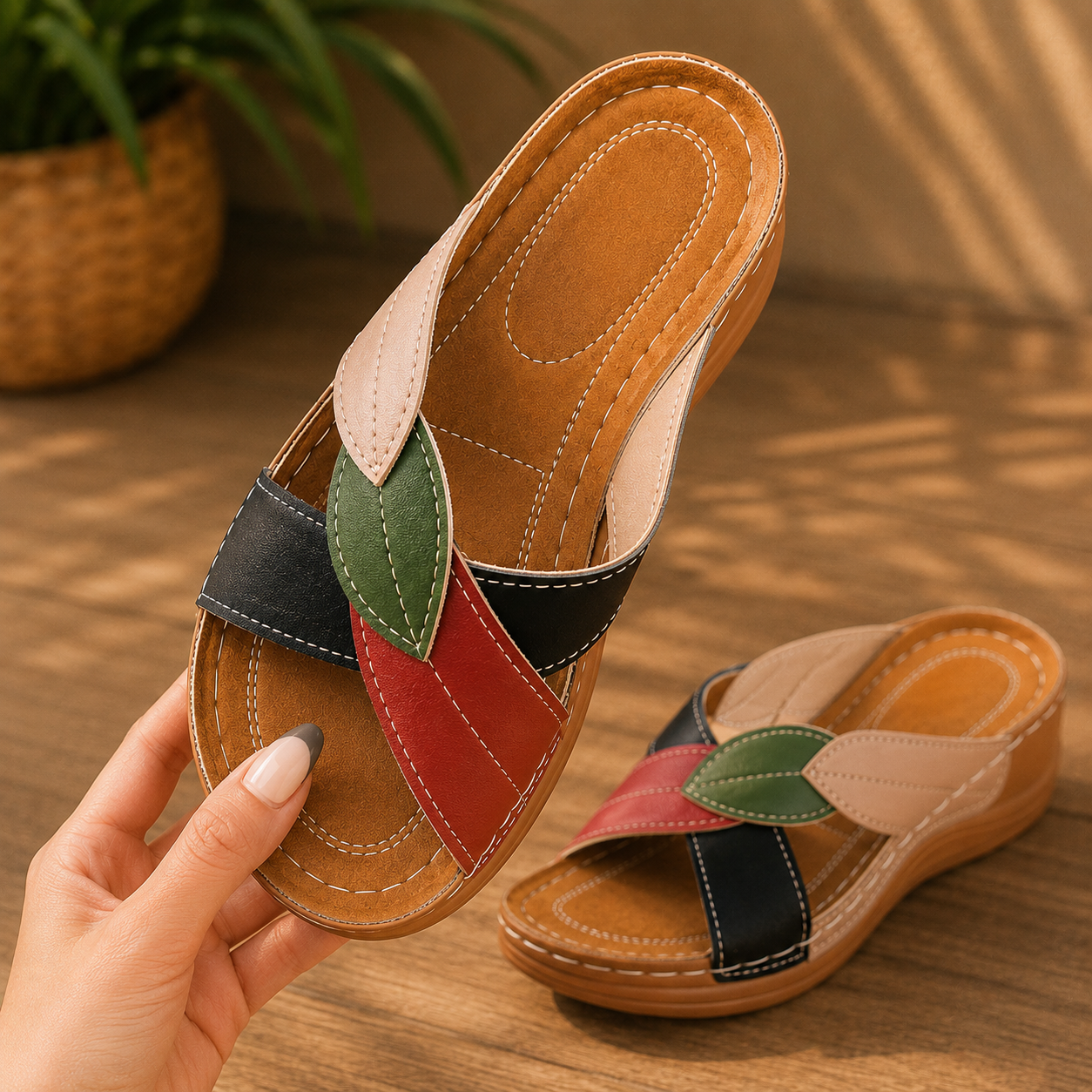 Colourblock Cross-Strap Wedge Sandals