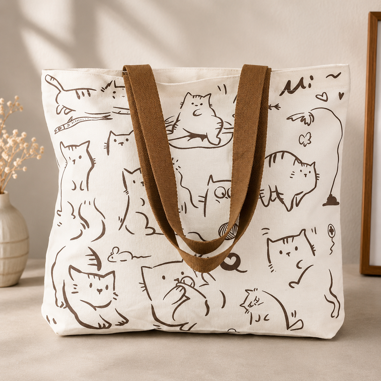 Women Canvas Tote Bag with Cartoon Design