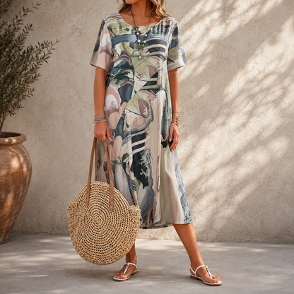 Waist Crewneck Loose Beach Long Dress
