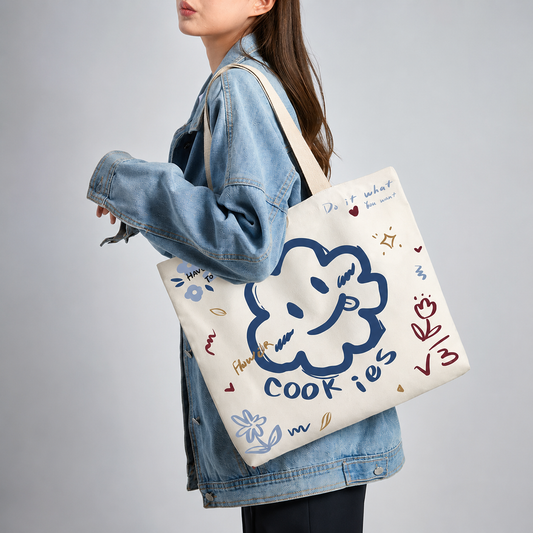 Women Canvas Tote Bag with Cartoon Design