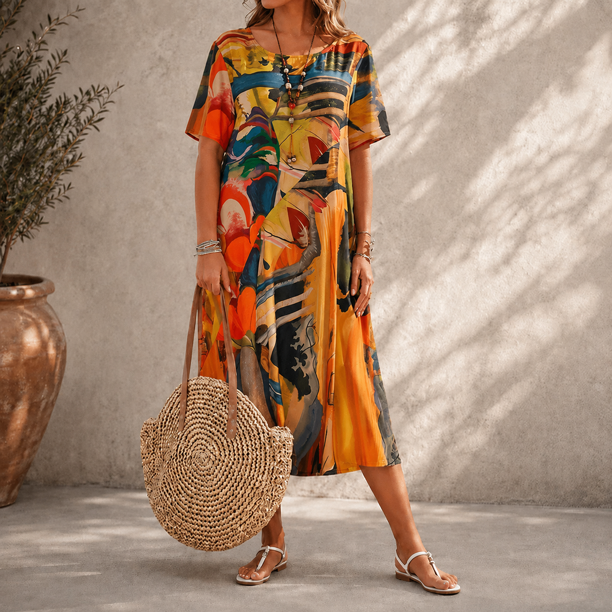 Waist Crewneck Loose Beach Long Dress