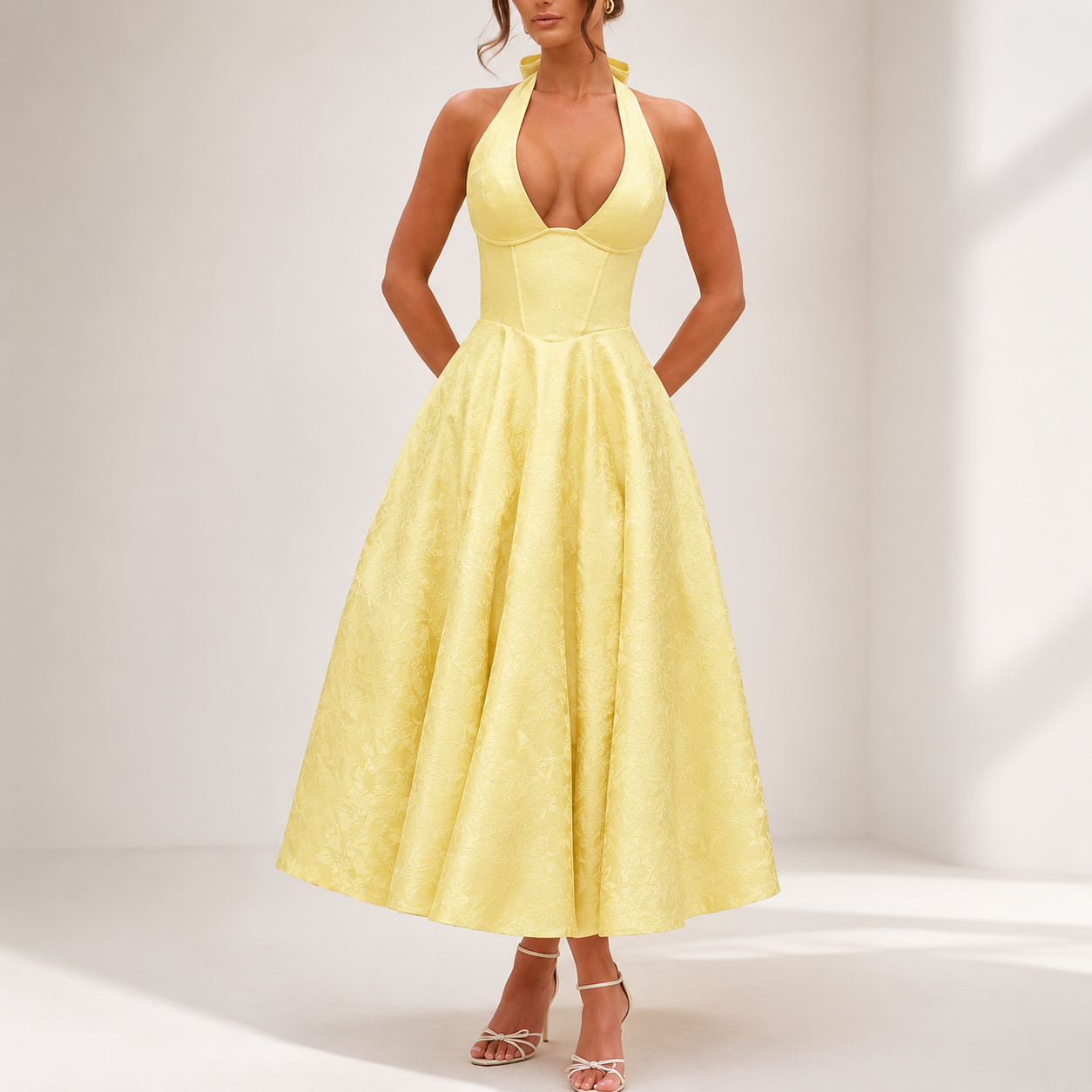 European and American Cross-border V-neck Hanging Neck Jacquard dress High-end Evening Dress Spring and Summer Elegant Sleeveless Backless Waist Long Dress