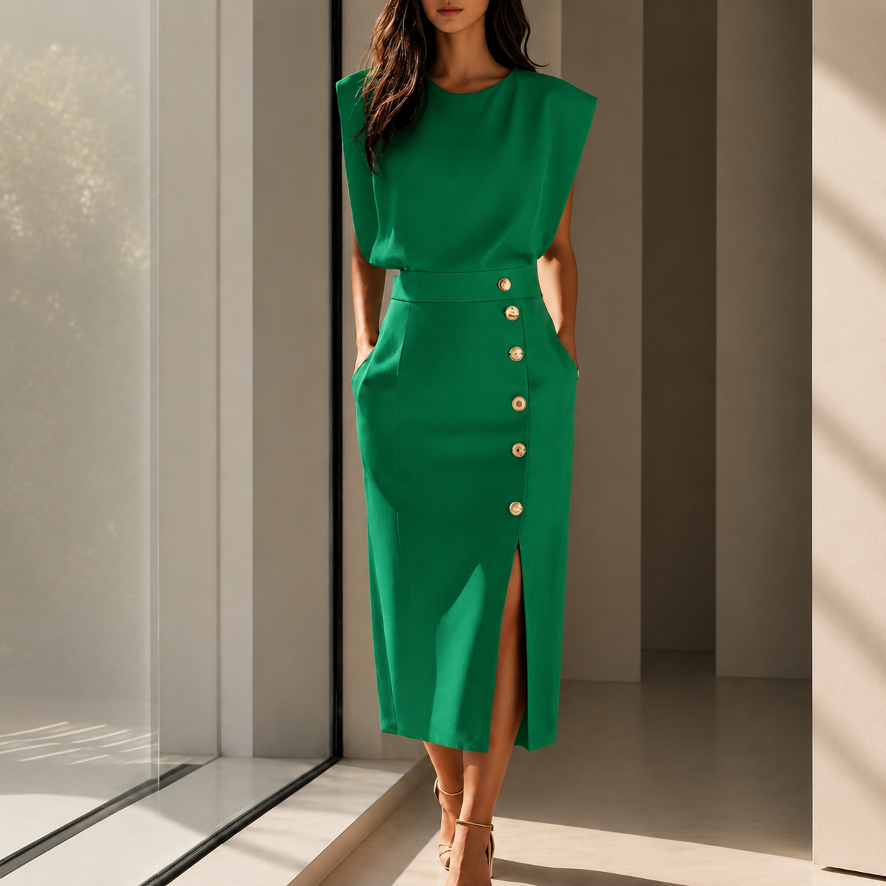 High Waist Bodycon Midi Dress | Round Neck Sleeveless Split Button
