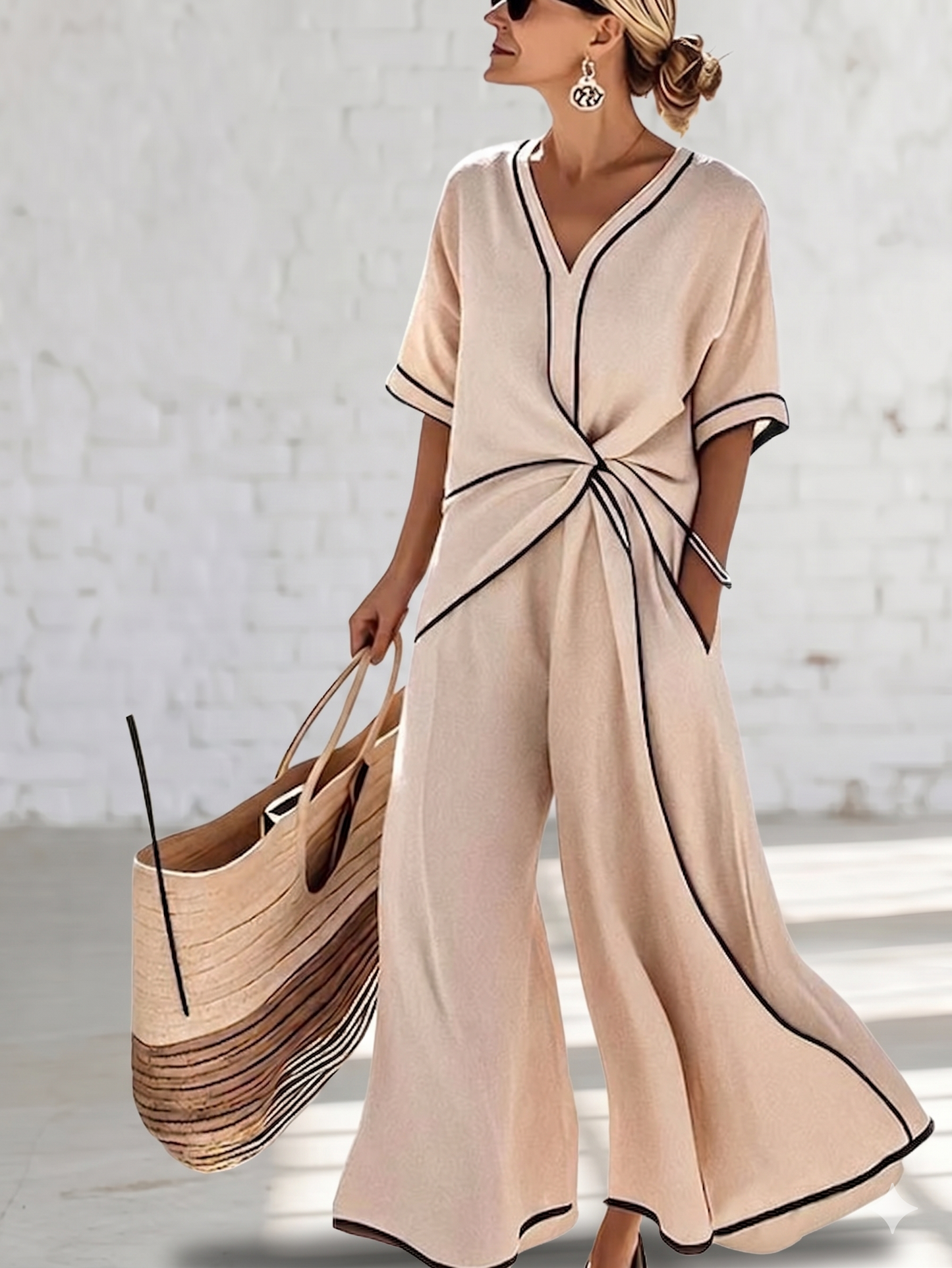 Women's Linen Blend Maxi Dress – V-Neck Twist Front Contrast Trim