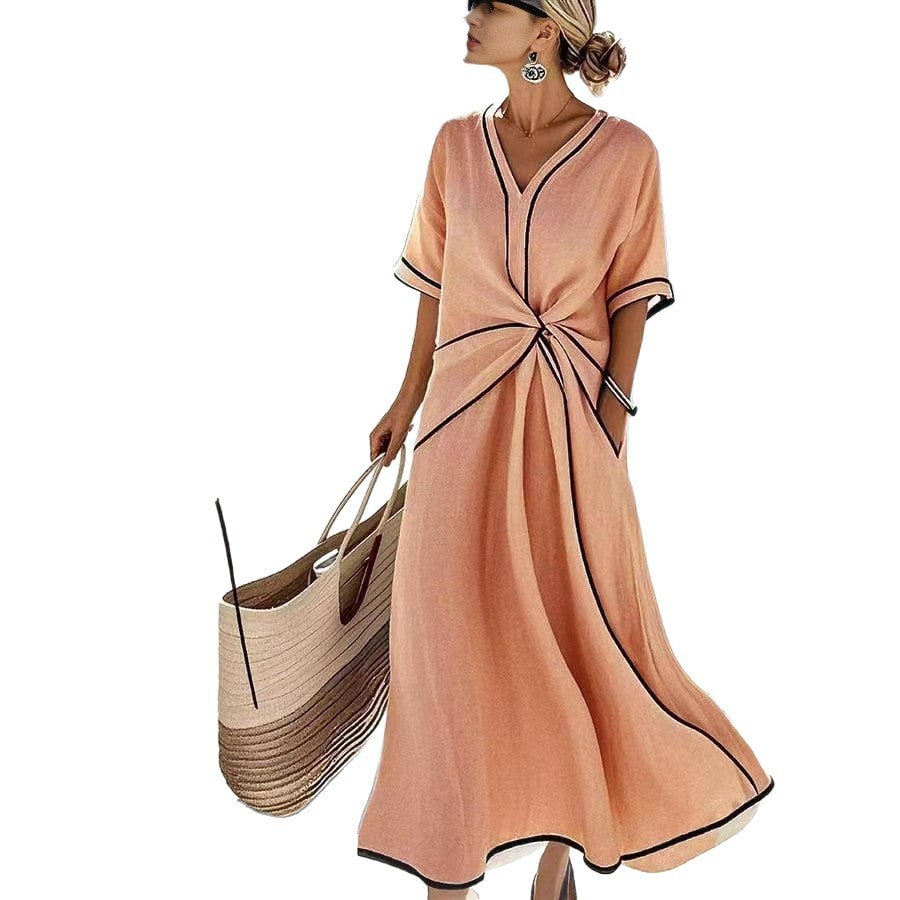 Women's Linen Blend Maxi Dress – V-Neck Twist Front Contrast Trim