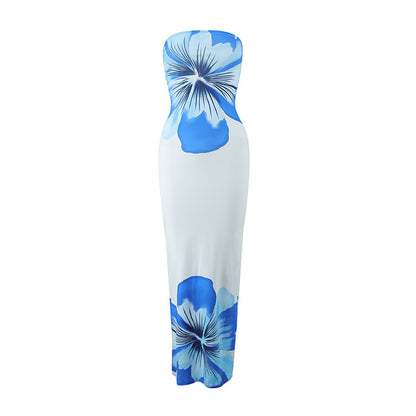 Summer Strapless Floral Print Long Dress