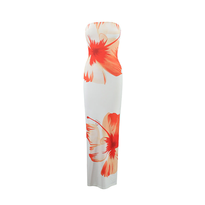 Summer Strapless Floral Print Long Dress
