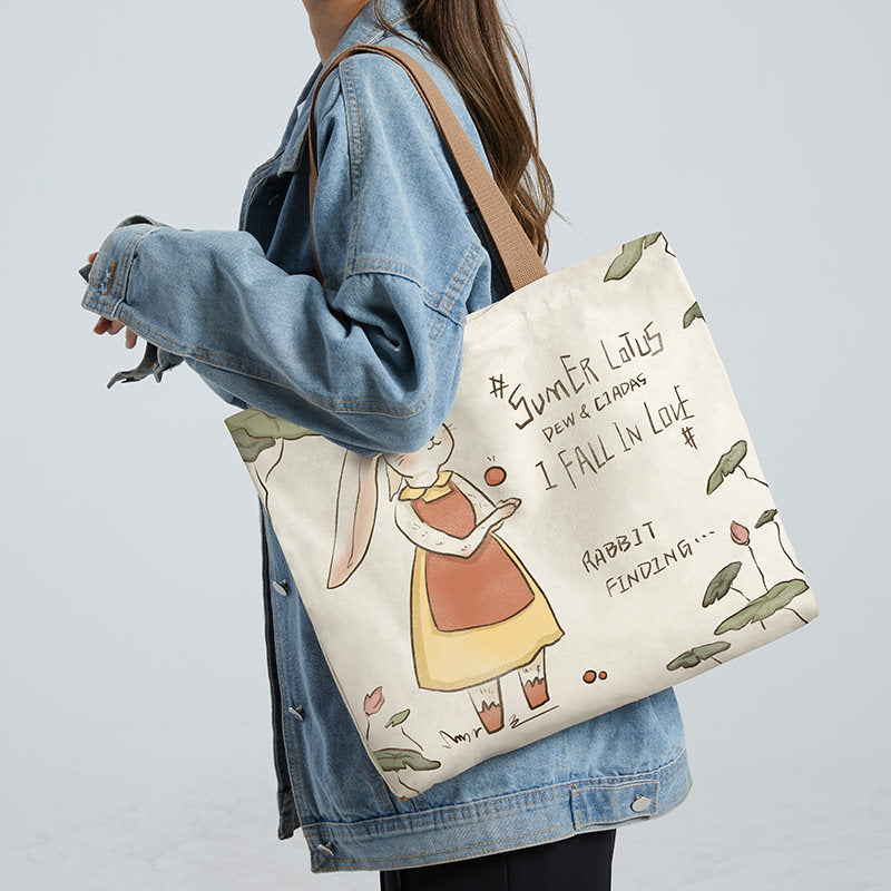 Women Canvas Tote Bag with Cartoon Design