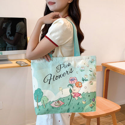 Women Canvas Tote Bag with Cartoon Design