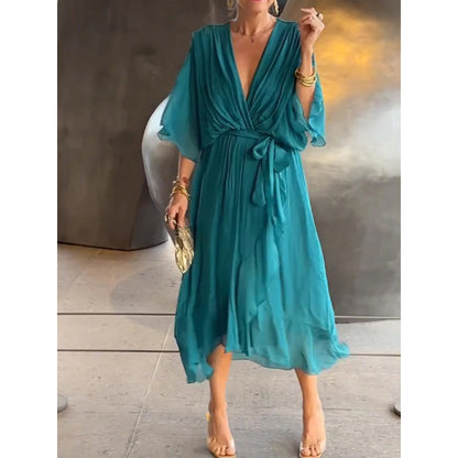 Elegant V-Neck Bat Sleeve Chiffon Dress