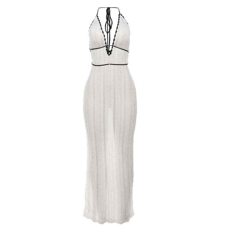 V-neck collarless backless knitted beach dress