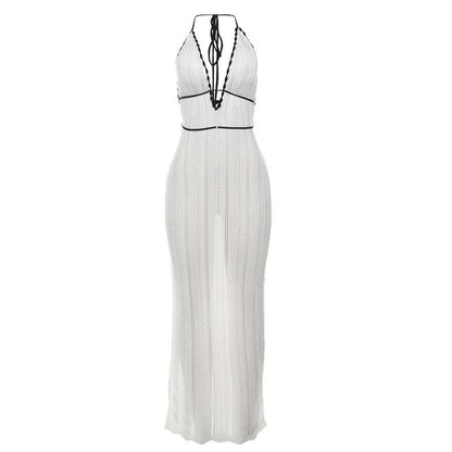 V-neck collarless backless knitted beach dress