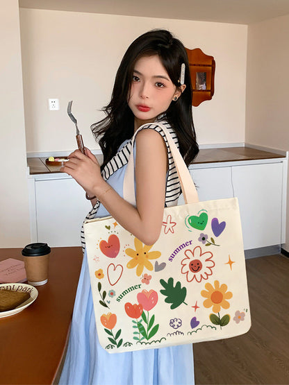 Women Canvas Tote Bag with Cartoon Design