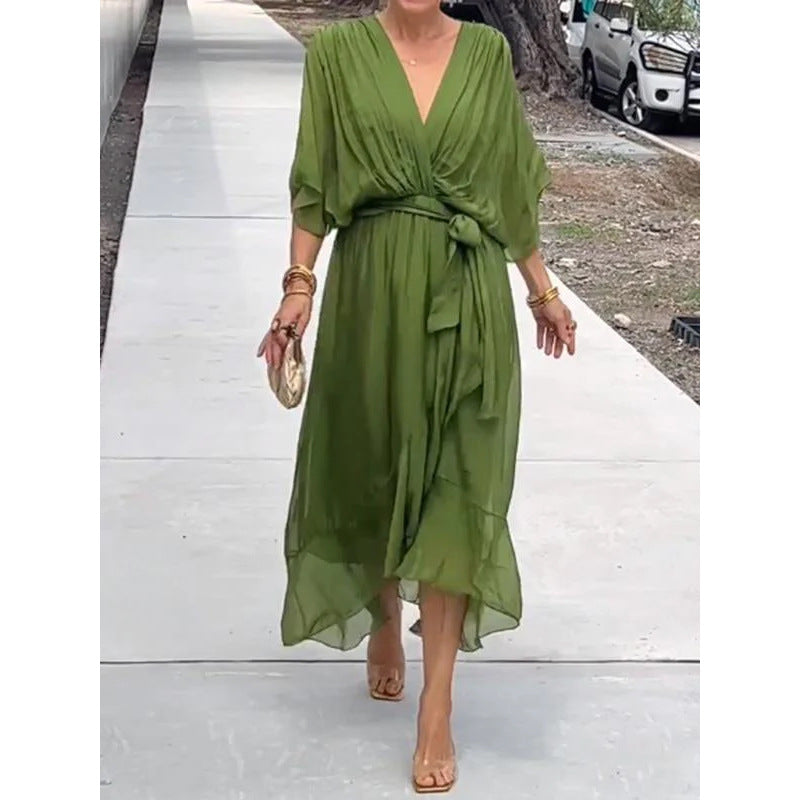 Elegant V-Neck Bat Sleeve Chiffon Dress