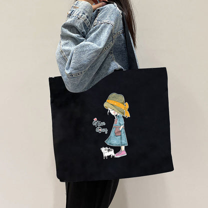 Women Canvas Tote Bag with Cartoon Design
