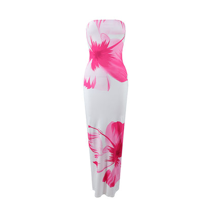 Summer Strapless Floral Print Long Dress