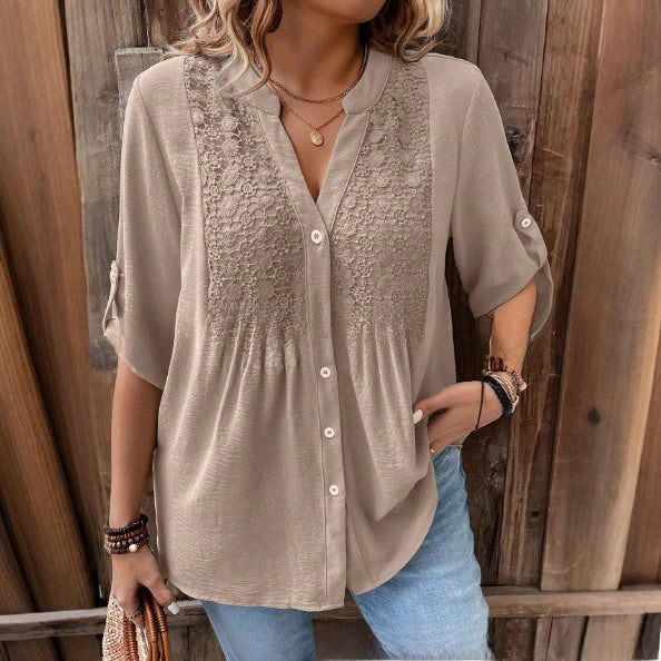 Ladies Lace V-Neck Button Front Shirt