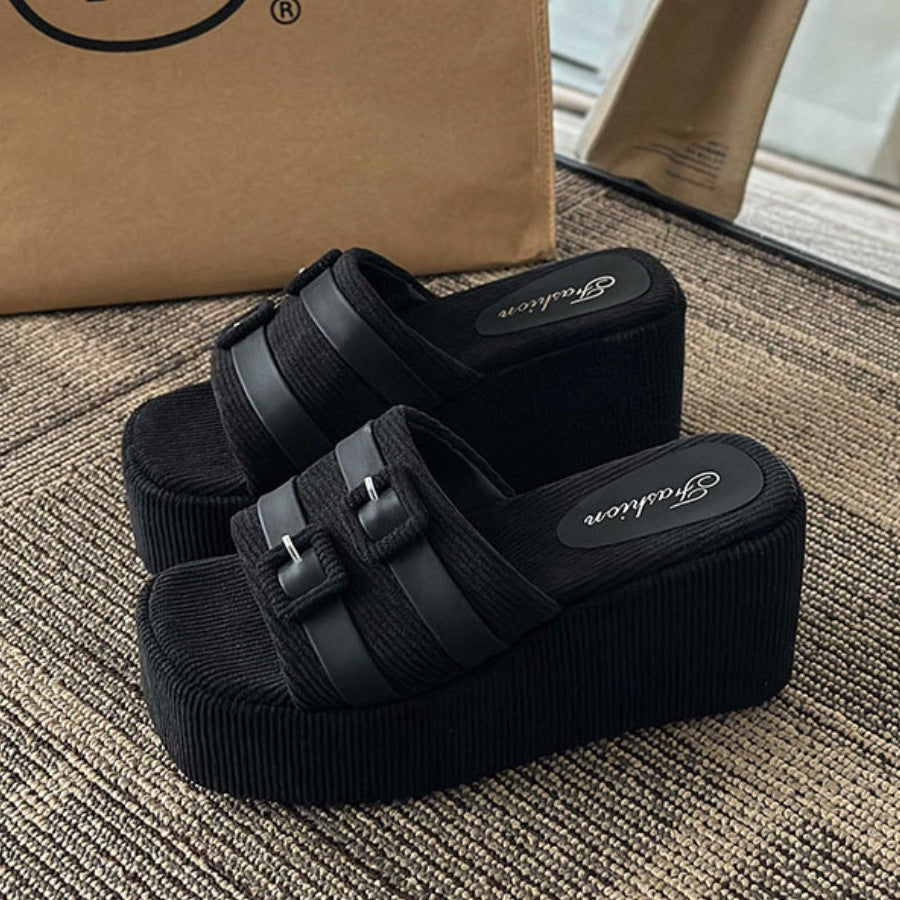 Women Square Buckle Platform Beach Slippers