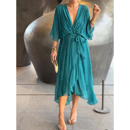 Elegant V-Neck Bat Sleeve Chiffon Dress