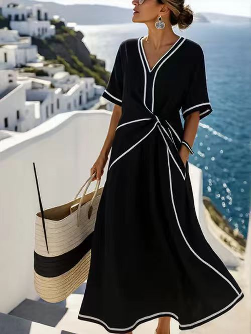 Women's Linen Blend Maxi Dress – V-Neck Twist Front Contrast Trim