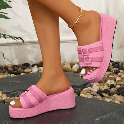 Women Square Buckle Platform Beach Slippers