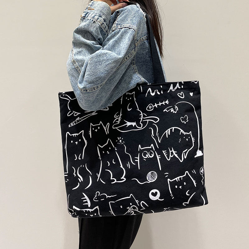 Women Canvas Tote Bag with Cartoon Design