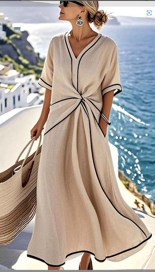 Women's Linen Blend Maxi Dress – V-Neck Twist Front Contrast Trim