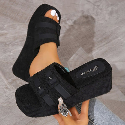 Women Square Buckle Platform Beach Slippers
