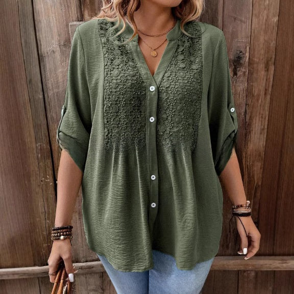 Ladies Lace V-Neck Button Front Shirt