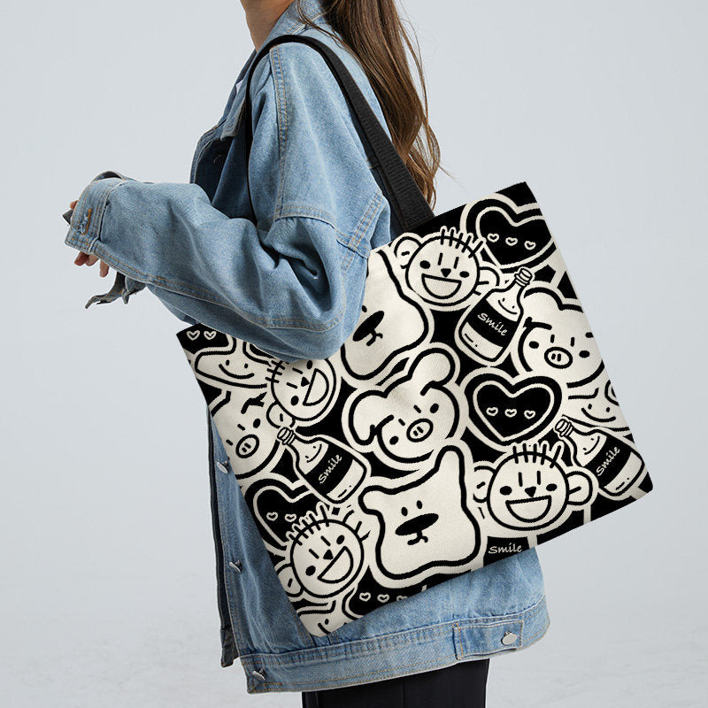 Women Canvas Tote Bag with Cartoon Design