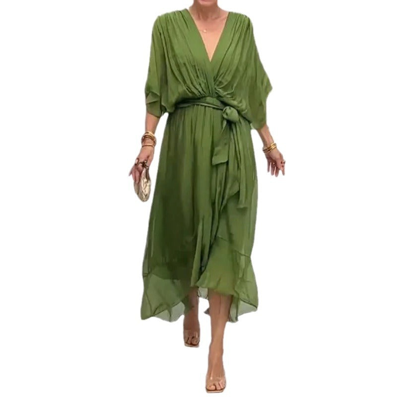 Elegant V-Neck Bat Sleeve Chiffon Dress