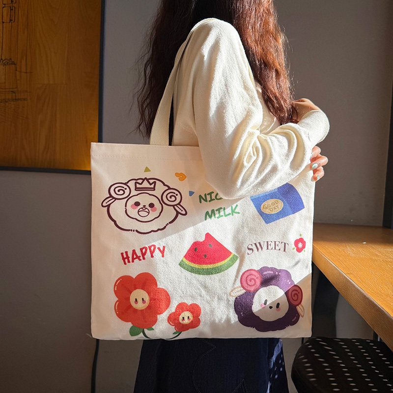Women Canvas Tote Bag with Cartoon Design