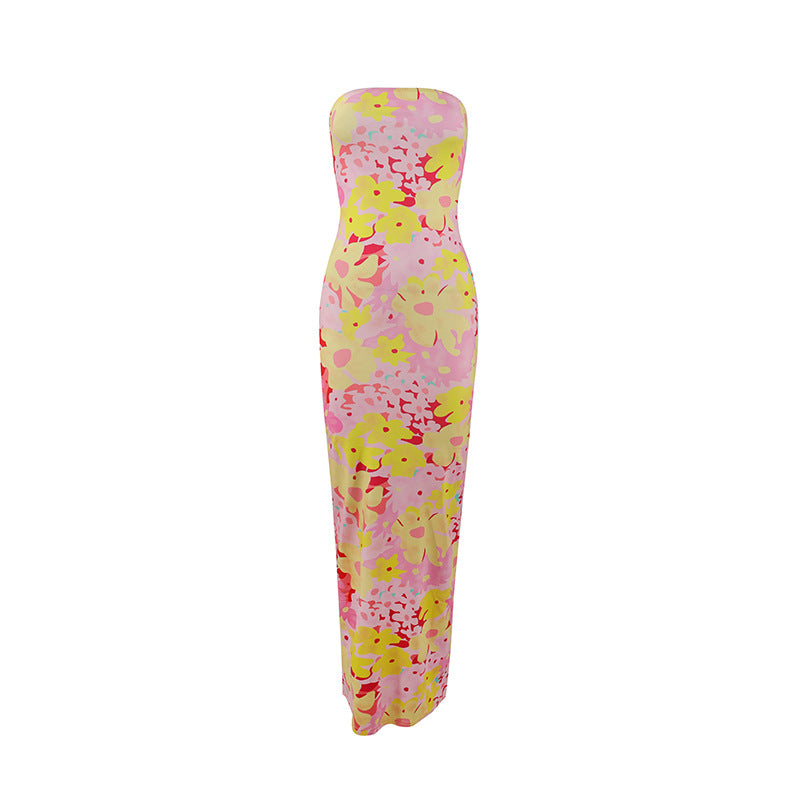 Summer Strapless Floral Print Long Dress